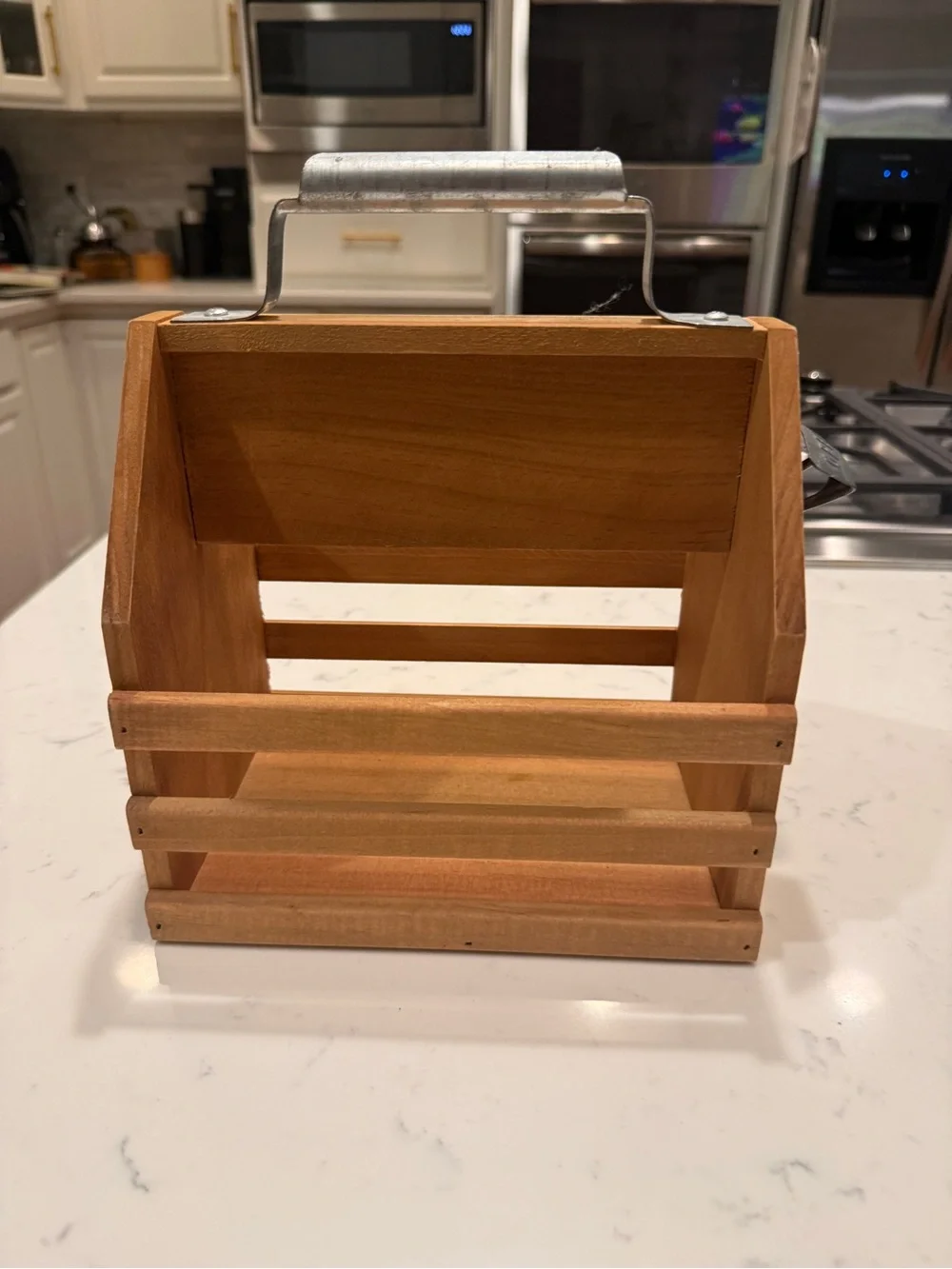 Rustic Wooden Beer Bottle Caddy Carrier w/ Metal Bottle Opener Handle
